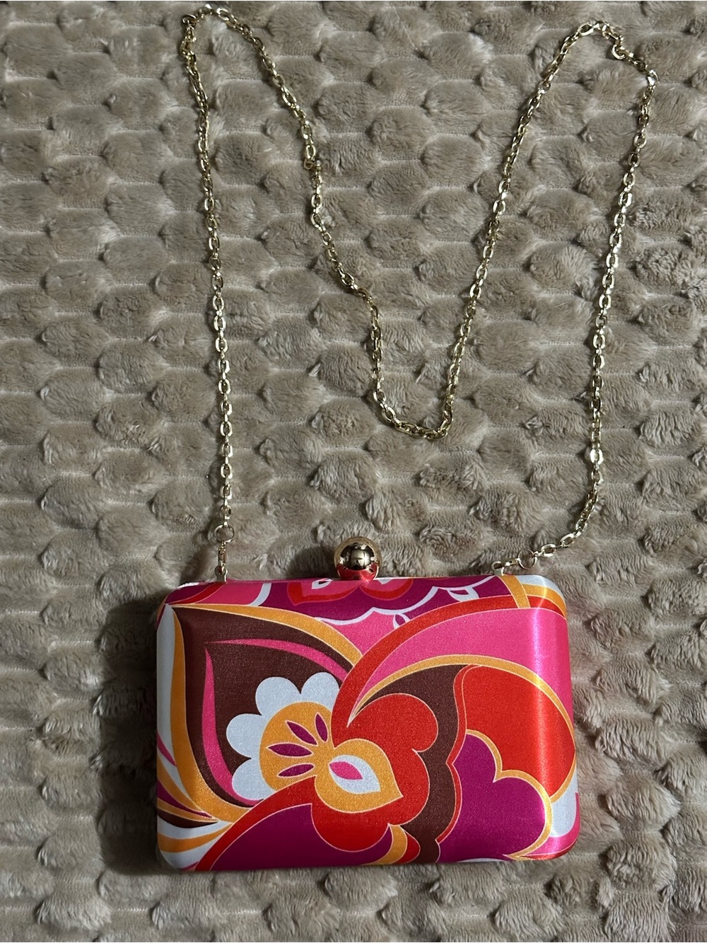 Express Pink Orange Floral Satin Clutch with Gold Chain